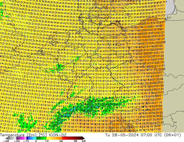 карта температуры ICON-D2 вт 28.05.2024 07 UTC