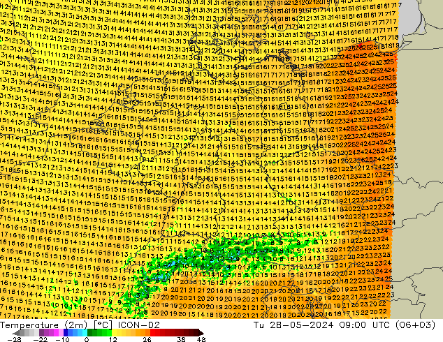 карта температуры ICON-D2 вт 28.05.2024 09 UTC