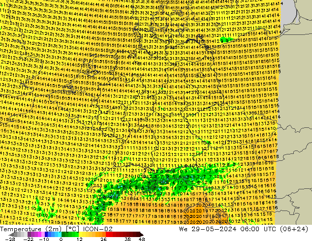 Temperature (2m) ICON-D2 We 29.05.2024 06 UTC