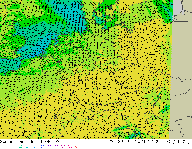 Surface wind ICON-D2 We 29.05.2024 02 UTC