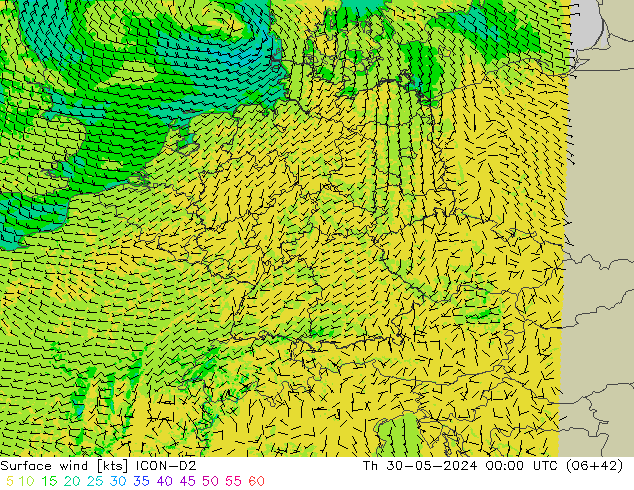 Surface wind ICON-D2 Th 30.05.2024 00 UTC