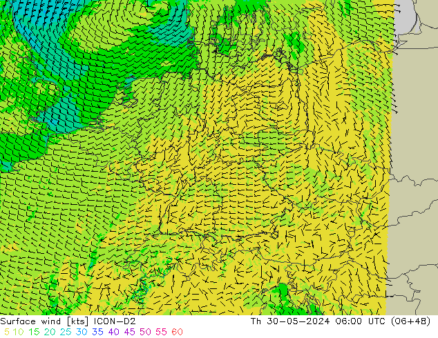 Surface wind ICON-D2 Čt 30.05.2024 06 UTC