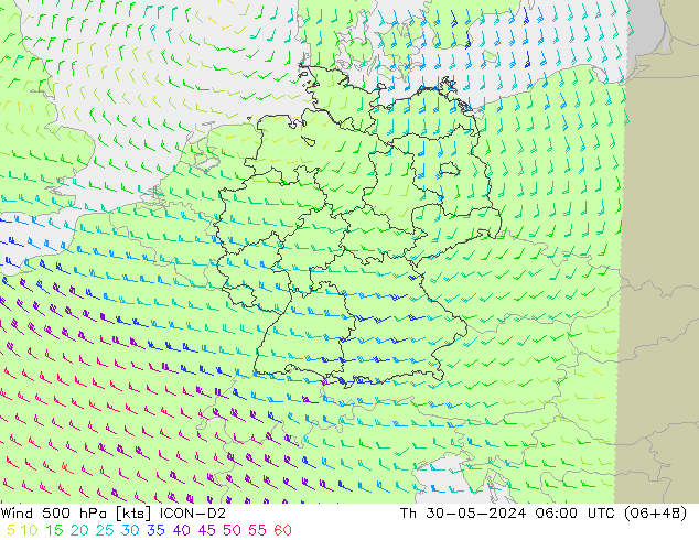 Wind 500 hPa ICON-D2 Th 30.05.2024 06 UTC