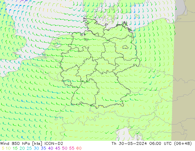 Vento 850 hPa ICON-D2 Qui 30.05.2024 06 UTC