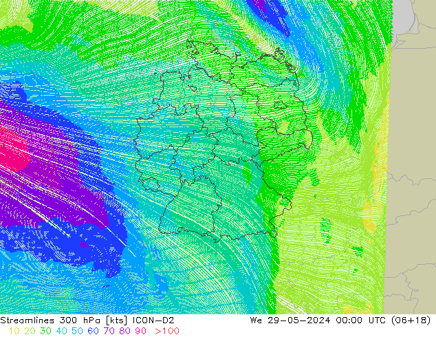 Streamlines 300 hPa ICON-D2 We 29.05.2024 00 UTC