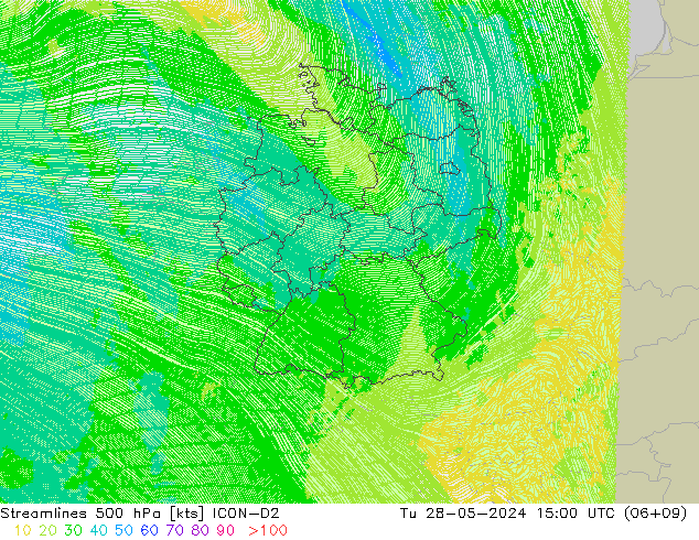 Linha de corrente 500 hPa ICON-D2 Ter 28.05.2024 15 UTC