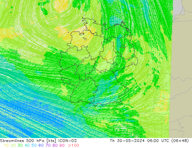 Streamlines 500 hPa ICON-D2 Th 30.05.2024 06 UTC