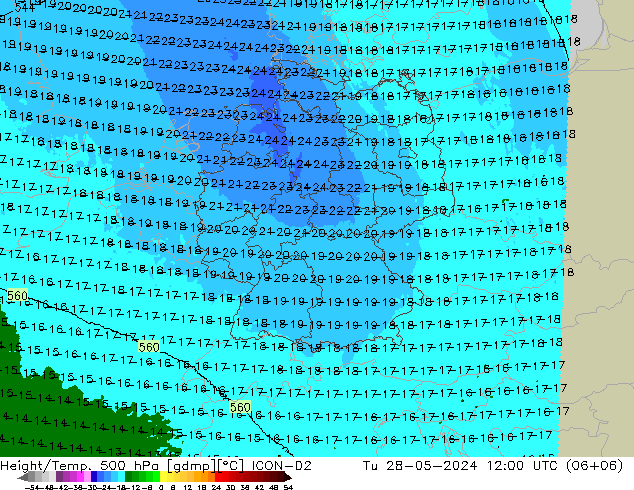 Yükseklik/Sıc. 500 hPa ICON-D2 Sa 28.05.2024 12 UTC