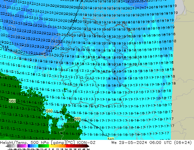 Height/Temp. 500 hPa ICON-D2 St 29.05.2024 06 UTC