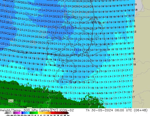 Height/Temp. 500 hPa ICON-D2 Qui 30.05.2024 06 UTC