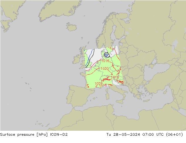 地面气压 ICON-D2 星期二 28.05.2024 07 UTC