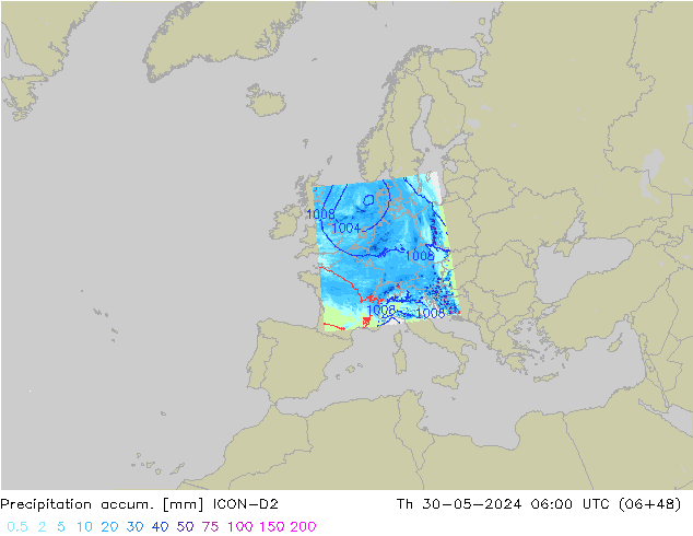 Precipitation accum. ICON-D2 Čt 30.05.2024 06 UTC