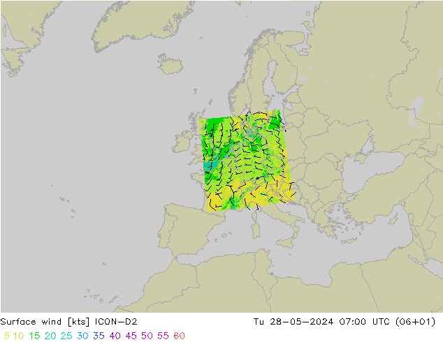 Wind 10 m ICON-D2 di 28.05.2024 07 UTC