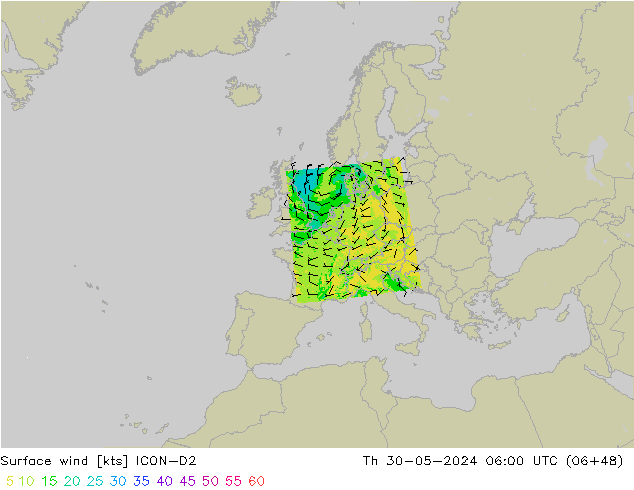 Viento 10 m ICON-D2 jue 30.05.2024 06 UTC