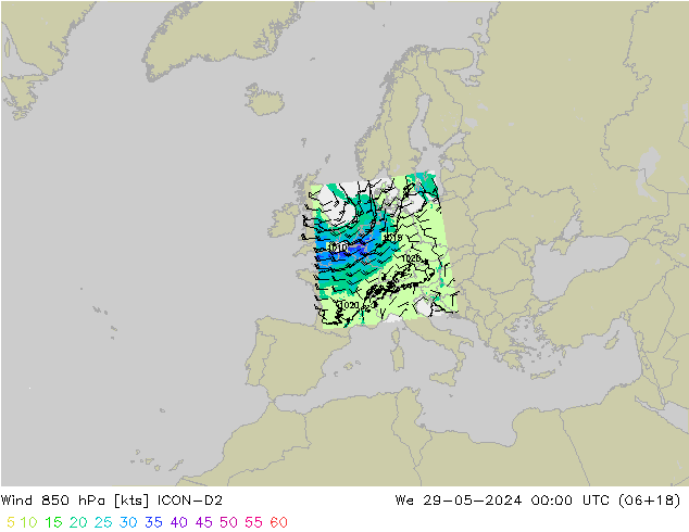 Vent 850 hPa ICON-D2 mer 29.05.2024 00 UTC