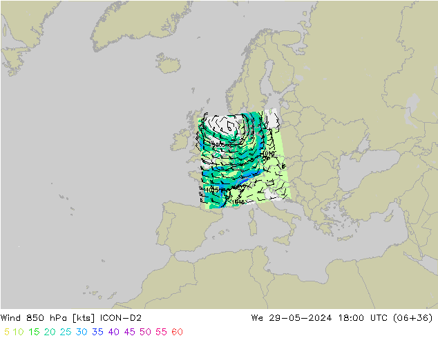 wiatr 850 hPa ICON-D2 śro. 29.05.2024 18 UTC