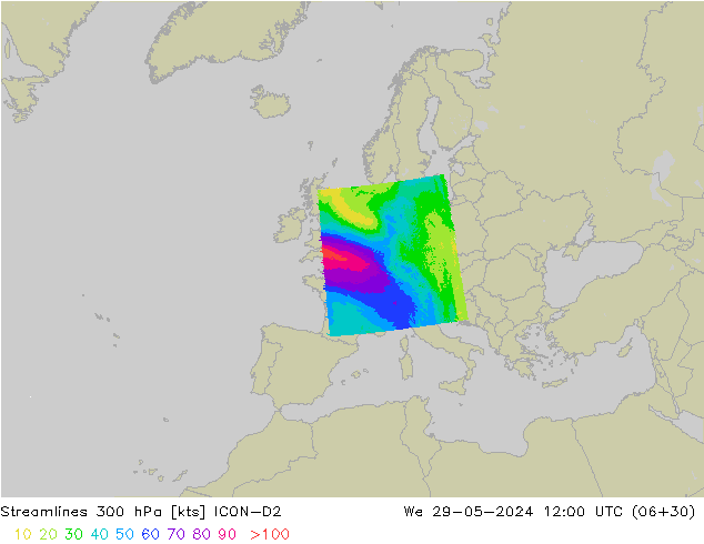 Streamlines 300 hPa ICON-D2 We 29.05.2024 12 UTC