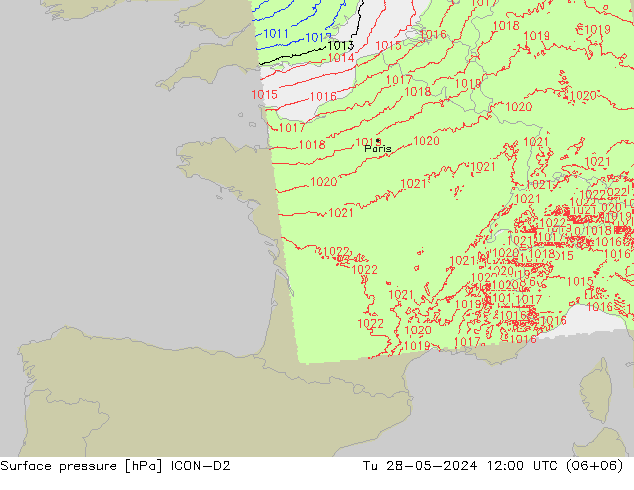 Presión superficial ICON-D2 mar 28.05.2024 12 UTC