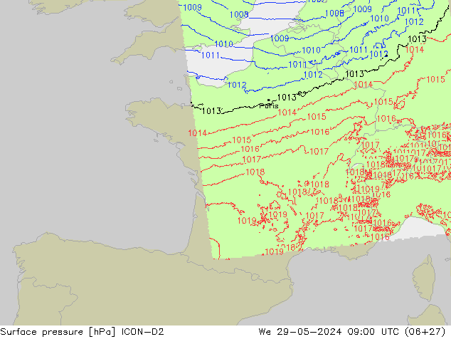 pressão do solo ICON-D2 Qua 29.05.2024 09 UTC