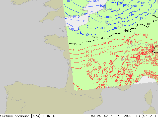 Pressione al suolo ICON-D2 mer 29.05.2024 12 UTC