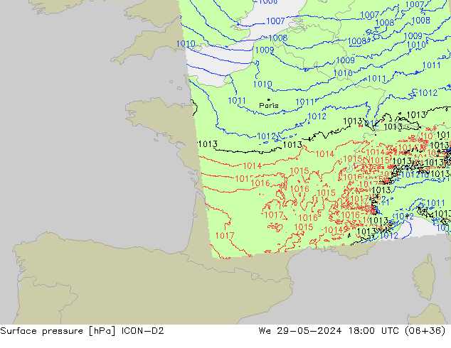 Yer basıncı ICON-D2 Çar 29.05.2024 18 UTC