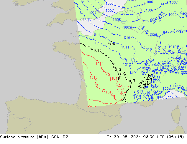 pressão do solo ICON-D2 Qui 30.05.2024 06 UTC