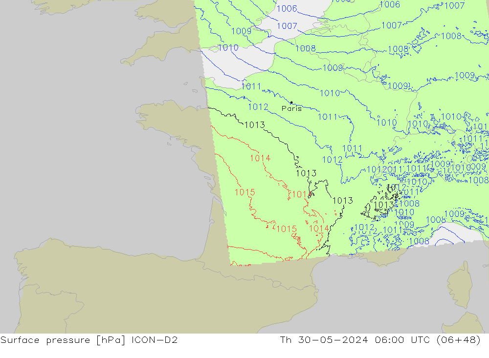 Surface pressure ICON-D2 Th 30.05.2024 06 UTC