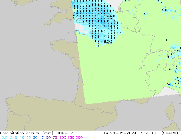 Precipitation accum. ICON-D2 Út 28.05.2024 12 UTC