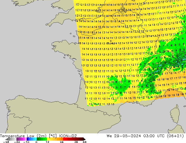 Temperature Low (2m) ICON-D2 We 29.05.2024 03 UTC