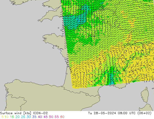 Surface wind ICON-D2 Tu 28.05.2024 08 UTC