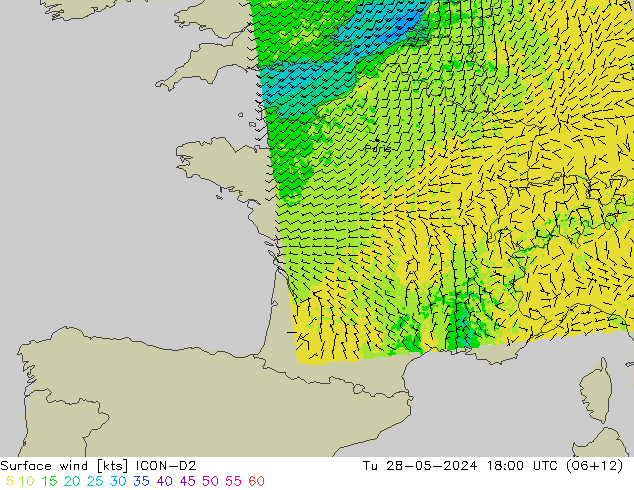 Surface wind ICON-D2 Tu 28.05.2024 18 UTC