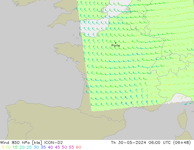 Wind 850 hPa ICON-D2 Čt 30.05.2024 06 UTC