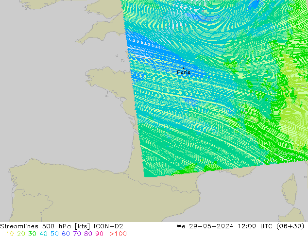 Ligne de courant 500 hPa ICON-D2 mer 29.05.2024 12 UTC