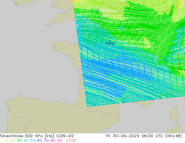 Streamlines 500 hPa ICON-D2 Th 30.05.2024 06 UTC