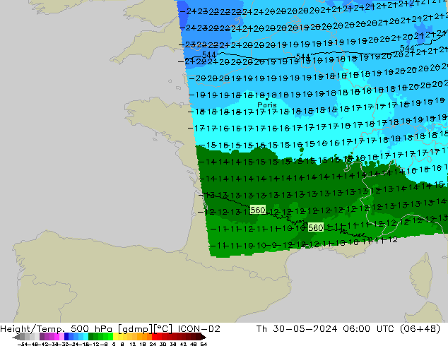 Height/Temp. 500 hPa ICON-D2 Th 30.05.2024 06 UTC