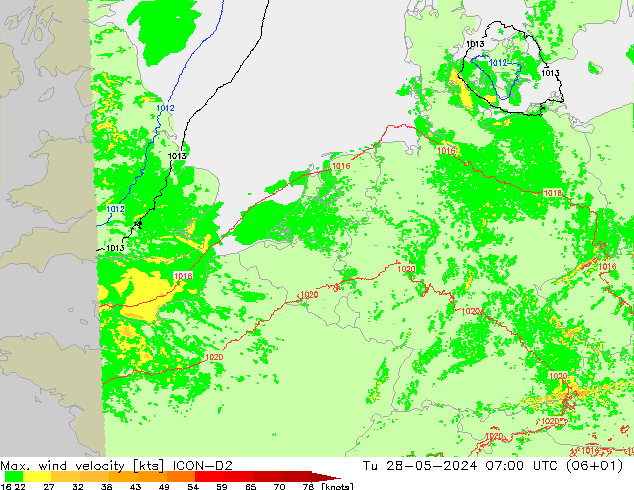 Max. wind velocity ICON-D2 mar 28.05.2024 07 UTC