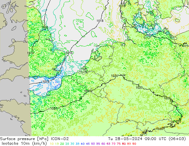 Isotachs (kph) ICON-D2 Tu 28.05.2024 09 UTC