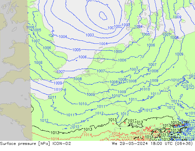 Luchtdruk (Grond) ICON-D2 wo 29.05.2024 18 UTC