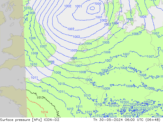 Surface pressure ICON-D2 Th 30.05.2024 06 UTC