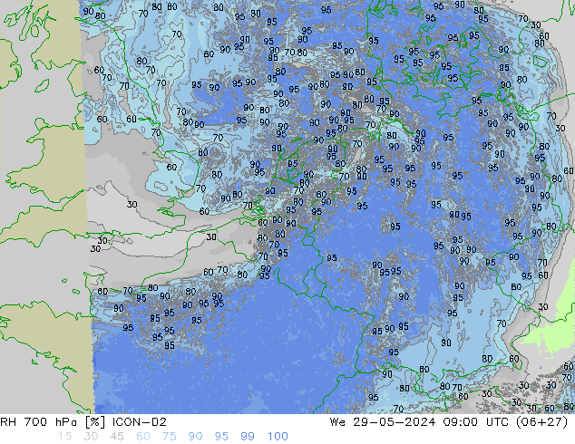 RH 700 hPa ICON-D2 mer 29.05.2024 09 UTC