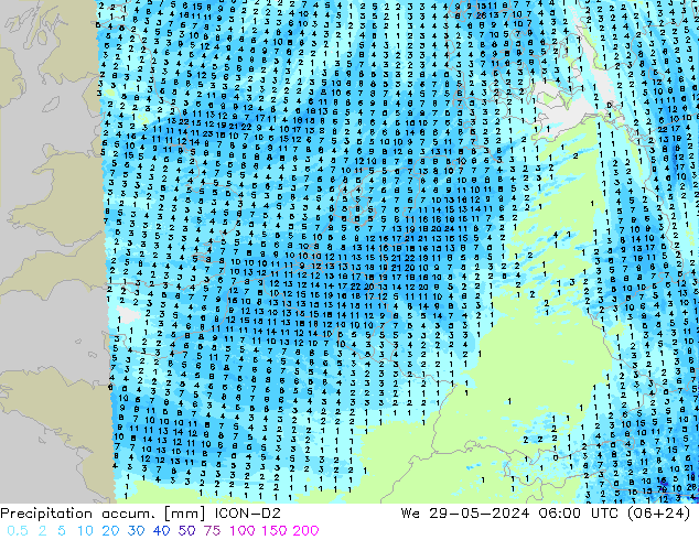 Toplam Yağış ICON-D2 Çar 29.05.2024 06 UTC