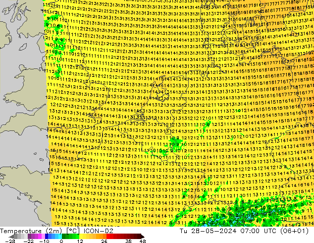温度图 ICON-D2 星期二 28.05.2024 07 UTC
