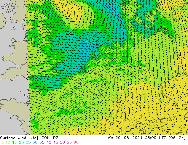 Wind 10 m ICON-D2 wo 29.05.2024 06 UTC