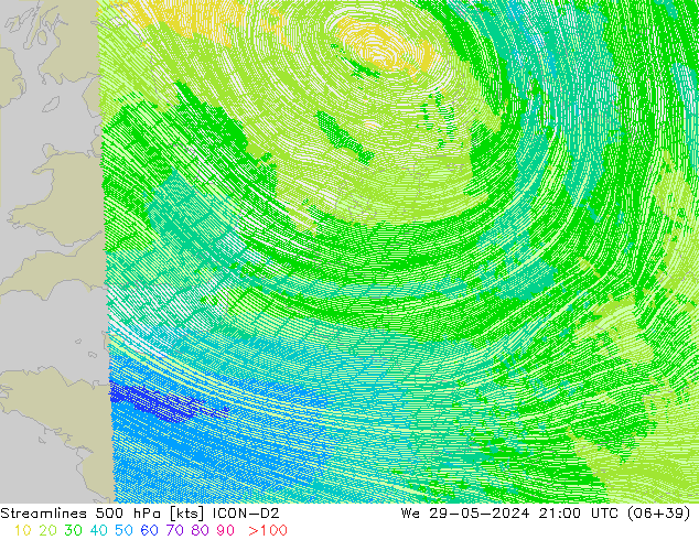 Streamlines 500 hPa ICON-D2 We 29.05.2024 21 UTC