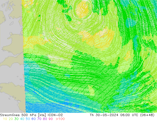 Línea de corriente 500 hPa ICON-D2 jue 30.05.2024 06 UTC