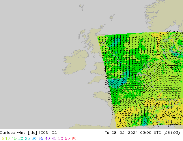 Surface wind ICON-D2 Tu 28.05.2024 09 UTC