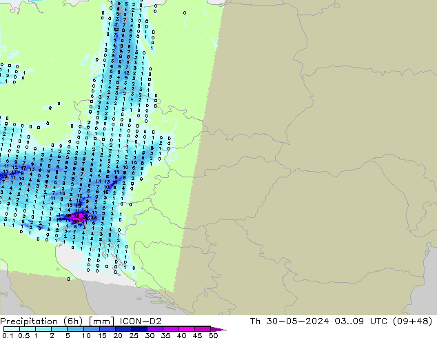 Precipitación (6h) ICON-D2 jue 30.05.2024 09 UTC