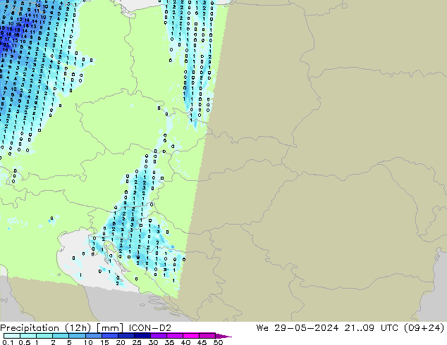 Precipitation (12h) ICON-D2 We 29.05.2024 09 UTC