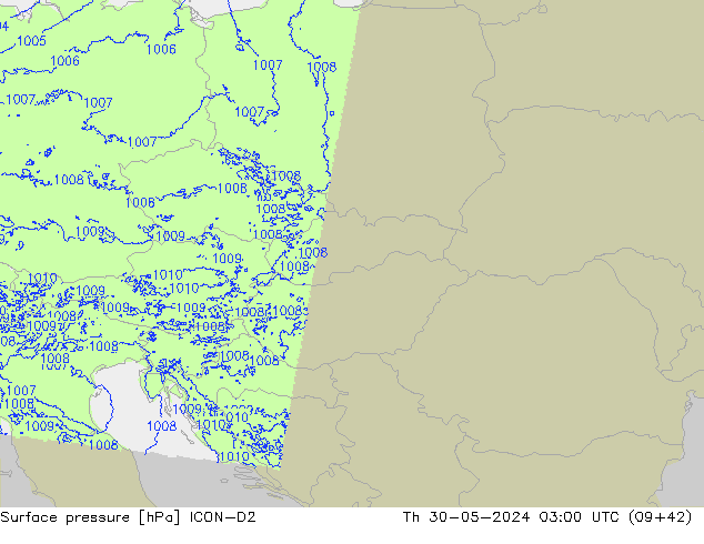 Surface pressure ICON-D2 Th 30.05.2024 03 UTC