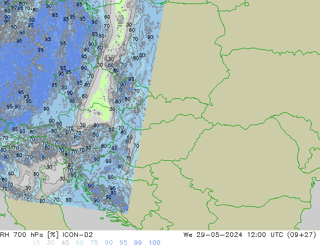 RH 700 hPa ICON-D2 śro. 29.05.2024 12 UTC